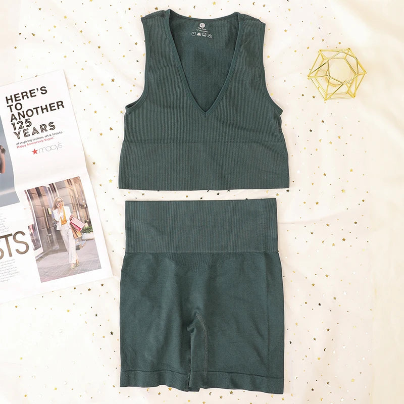 Women Sport Ribbed Bras Set Seamless Underwear Set High Waist Fitness Shorts Female Sexy Lingerie Bralette Deep V Top Sportwear