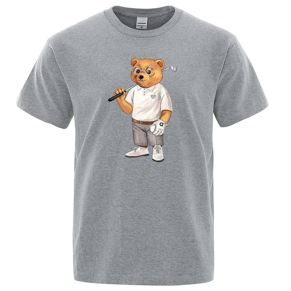 Gentleman Ted Bear Playing Golf Men T Shirts Summer Cotton Sweat T-Shirts Breathable Loose Clothes Hip Hop Street Short Sleeve