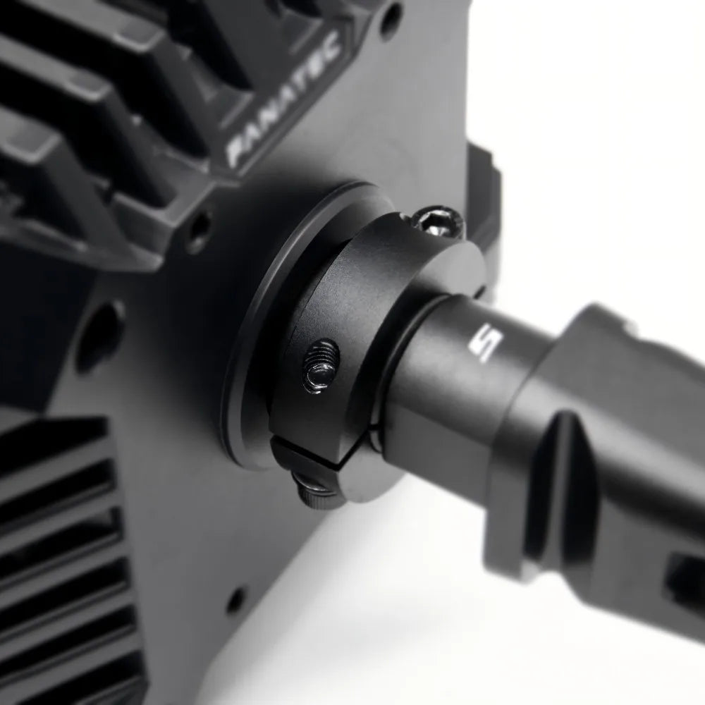 Simube Shaft Clamp For Fanatec Base, featuring aluminum alloy material, CNC machining process, and anodized coloring.