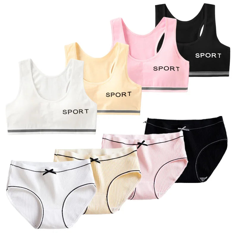 1/4 Sets Wireless Girl's Sports Bra Underwear Sets Cotton Breathable Sweat-Wicking Kids Brassiere and Girls Panties Lingerie Set