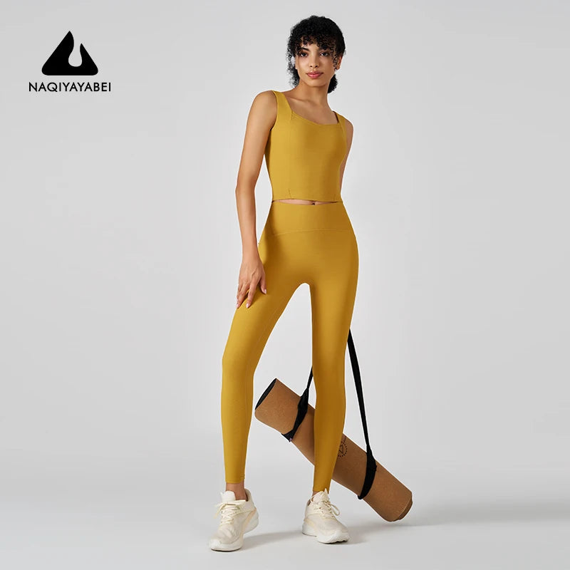 Europe and the United States women's yoga suit training rib-neck sleeveless tank top and sport fitness pants wear outside