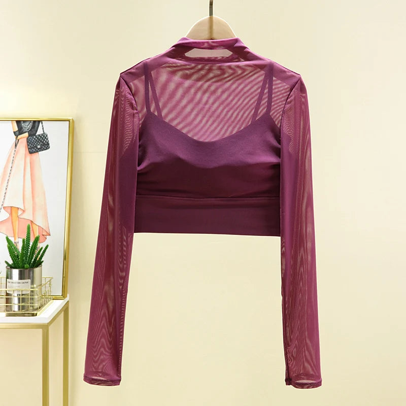 High End Yoga Clothing T-shirt with Chest Cushion and Mesh Sexy and Slimming Yoga Long Sleeved Top Fashion Sports Fitness Top