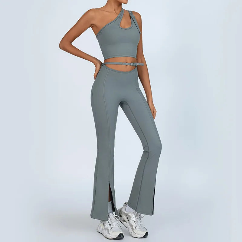 Yoga Set Sleeveless Single Shoulder Top High-Waisted Bootcut Leggings Built-In Bra Butt-Lifting Workout Outfit Gym Fitness