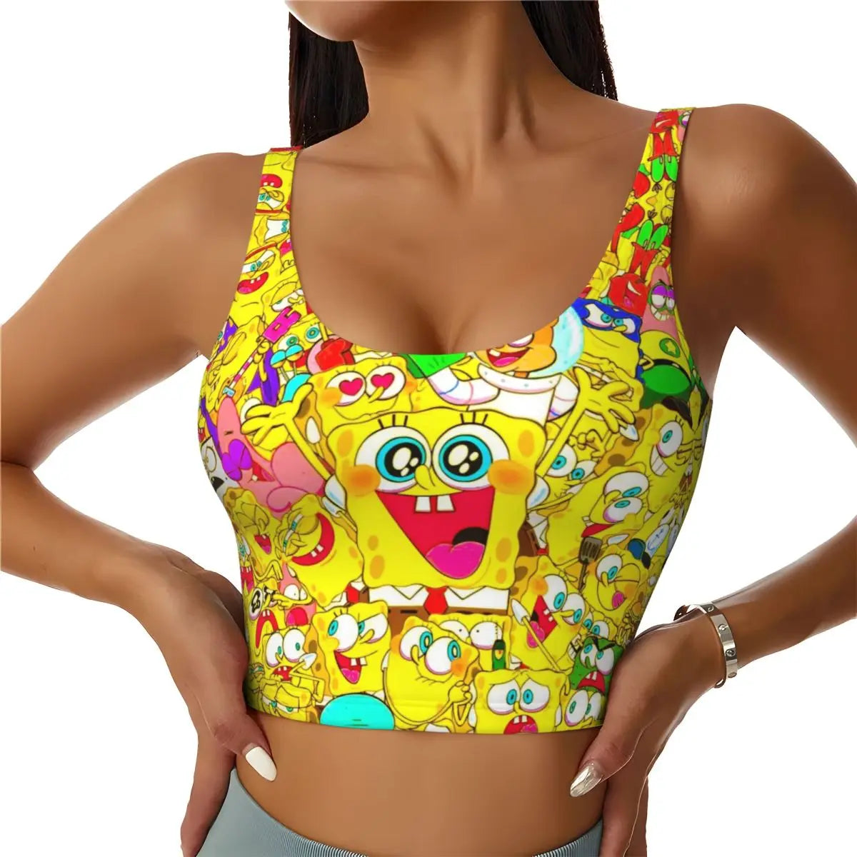 SpongeBobed Anime Cartoon Womens' Sports Bra Longline Wirefree Padded with Medium Support Yoga Sport Bras With Removable Cups