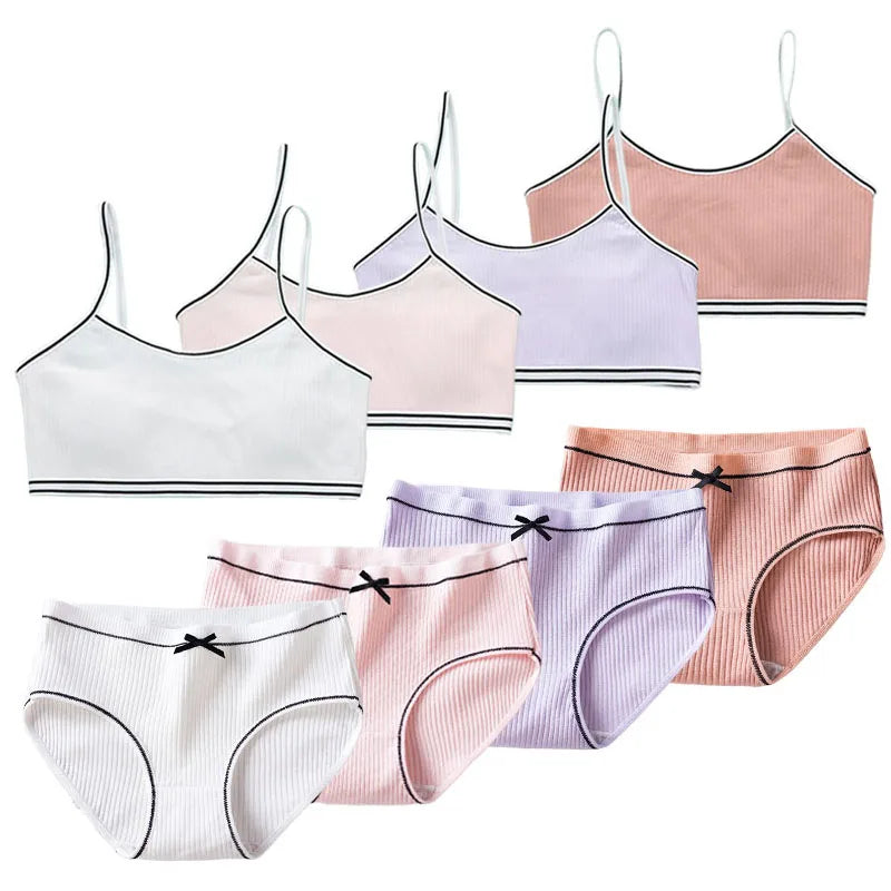 1/4 Sets Wireless Girl's Sports Bra Underwear Sets Cotton Breathable Sweat-Wicking Kids Brassiere and Girls Panties Lingerie Set