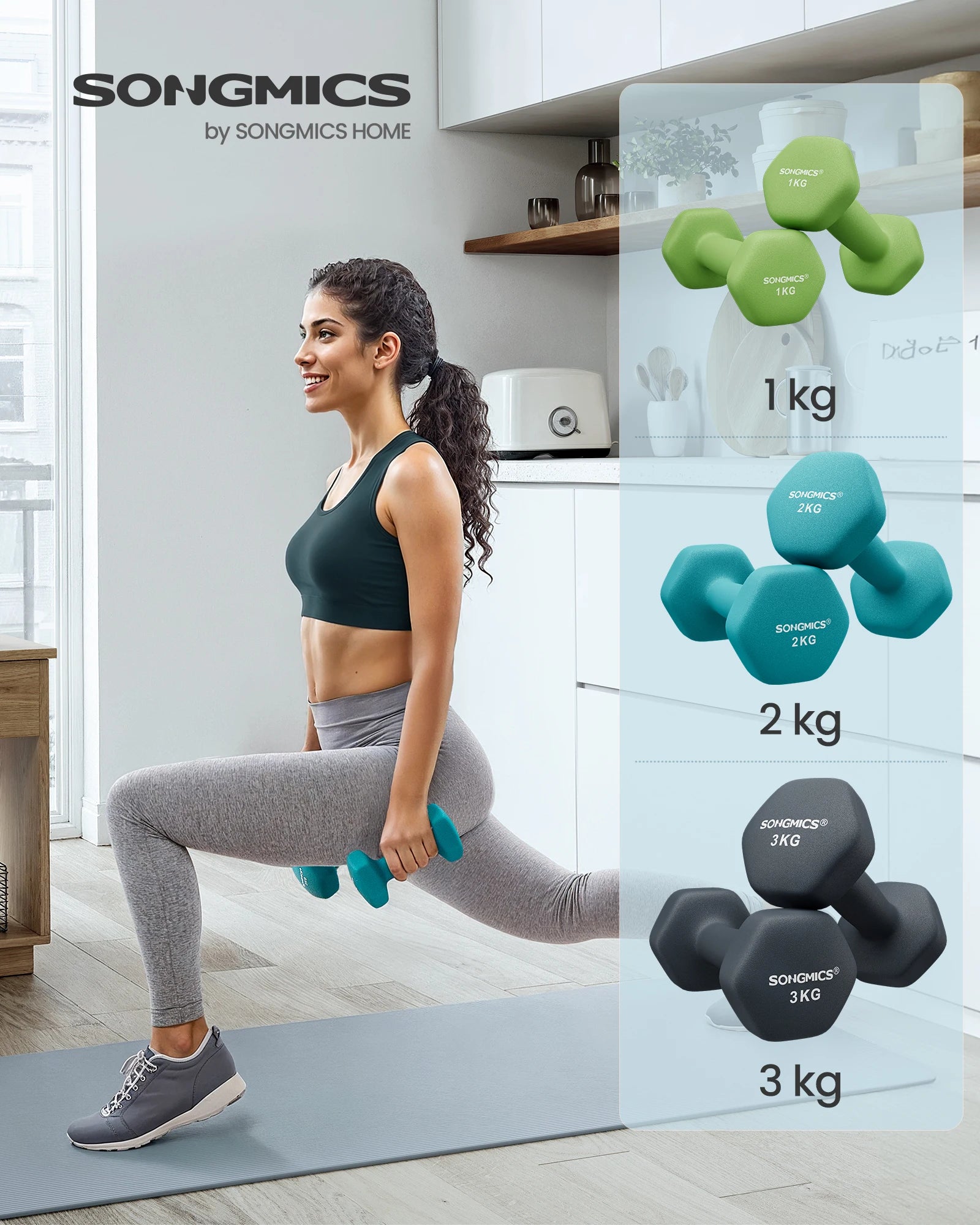 SONGMICS Dumbbell Set, dumbbells, Hexagon, with Dumbbell stand, 2x1 kg, 2x2 kg, 2x3 kg, lime green, aquamarine, Gray