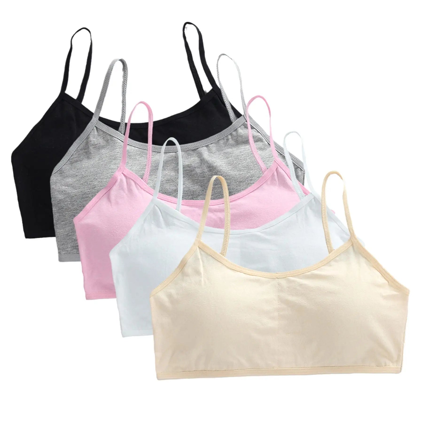 5pcs 2025 Girls Cotton Training Bralette Adjustable Support Tanks Top 8-16Y Breathable Teen Undershirt for Everyday&Sports Bras