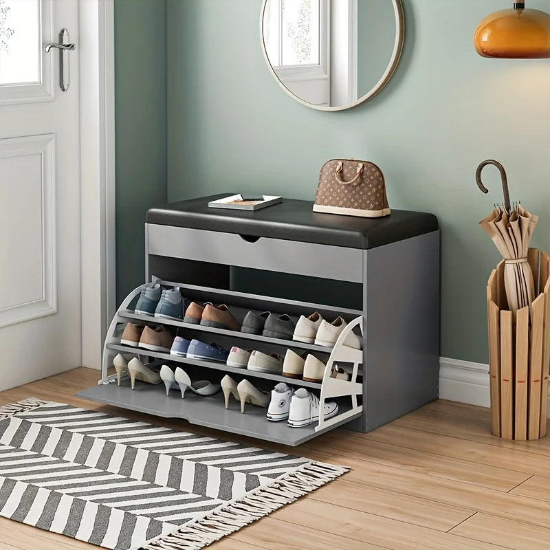 Wooden Shoe Bench with Storage | 3-Tier Shoe Rack, Cushioned Seat & Hidden Cabinet | Space-Saving Entryway Organizer for Home