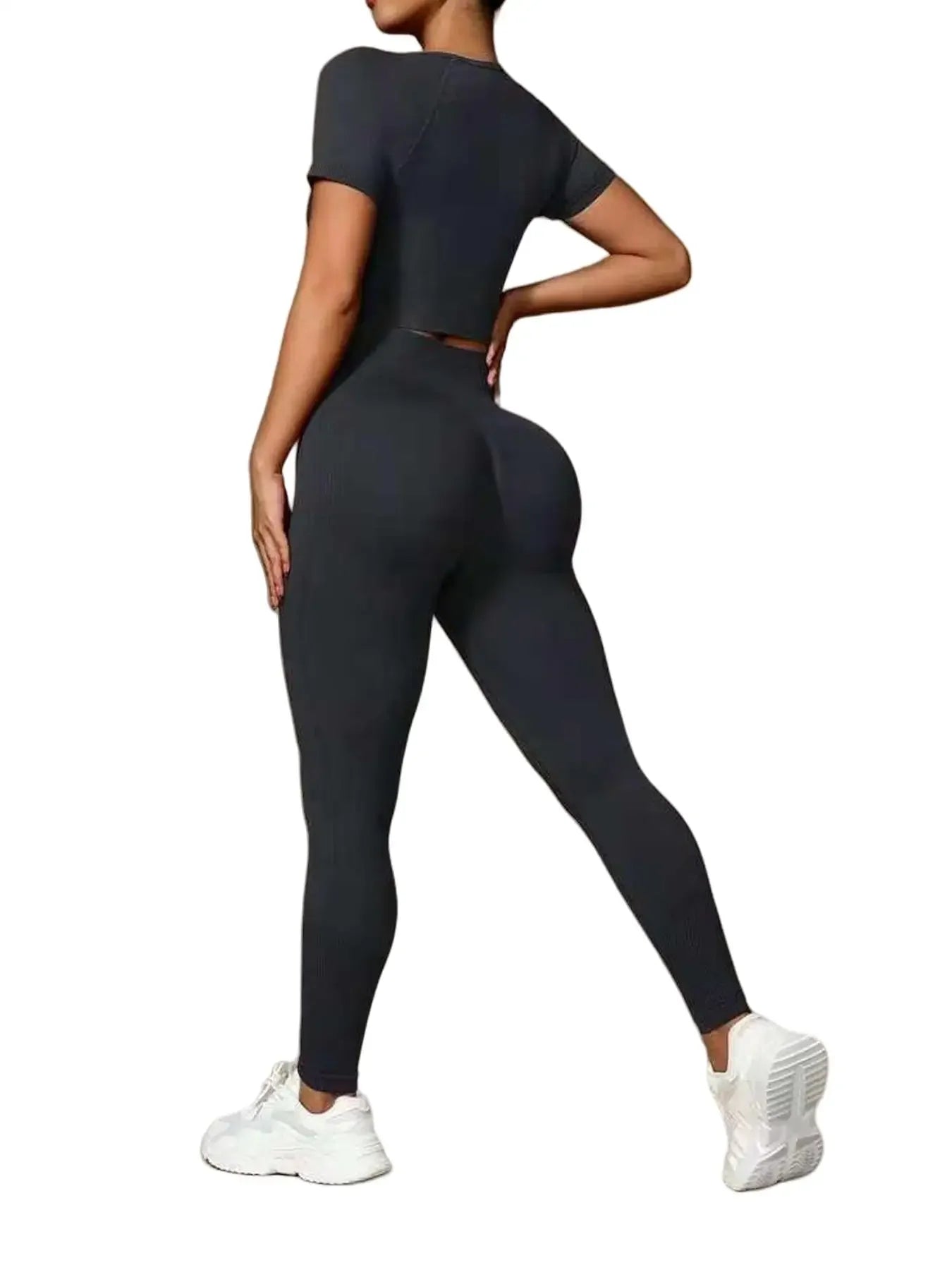 Fashionable women's two-piece high elastic seamless yoga suit sportswear, slim short-sleeved top, high waist pants,