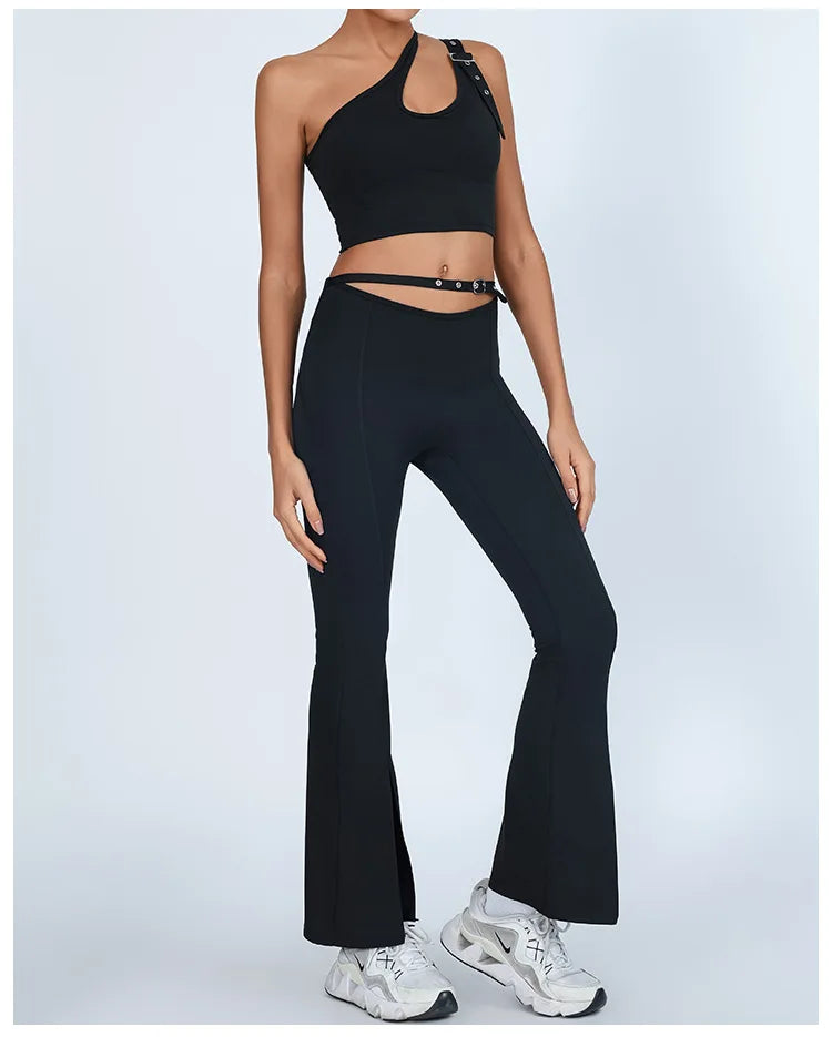 Yoga Set Sleeveless Single Shoulder Top High-Waisted Bootcut Leggings Built-In Bra Butt-Lifting Workout Outfit Gym Fitness