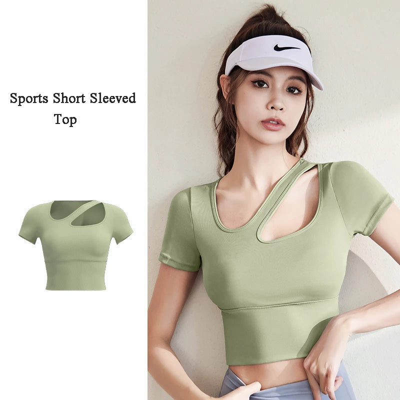 Yoga Shirts Women Diagonal Shoulder Hollow Out Sports Tees Short Sleeve T-Shirt With Padded Fitness Sportswear Workout Gym Tops