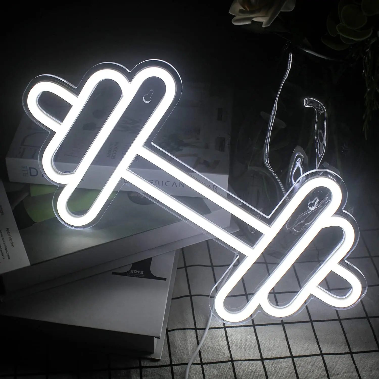 Gym Neon Sign White Barbell Dumbbell Shape Neon Sign USB Port Wall Neon Sign for Health Club Room Decoration and Game Room Decor