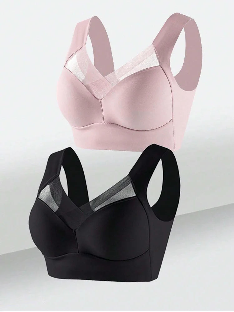 2PCS Women Lace Sport Bras Plus Size Seamless Bra Bralette Backless Lady Brassiere Vest Female Gather Shock-Proof Wireless L-3XL