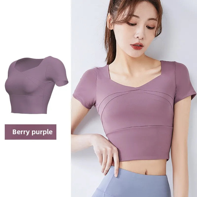 Fashion Yoga Clothing Short Yoga Top Stretch with Chest Pad Sports Tights Nude Yoga Short Sleeve
