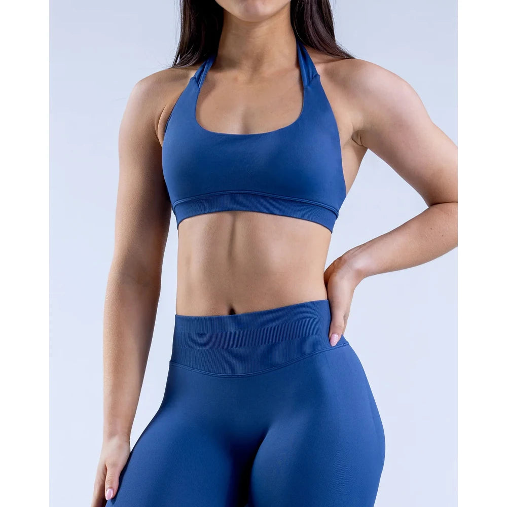 Sports Bra Seamless Halter Neck Strap Bra Open Back Fitness Yoga Top Bras Support Women Workout Gym Crop Top