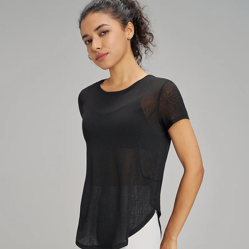 Hollow loose yoga hoodie fitness leisure sports short sleeve mesh breathable lightweight yoga clothing women