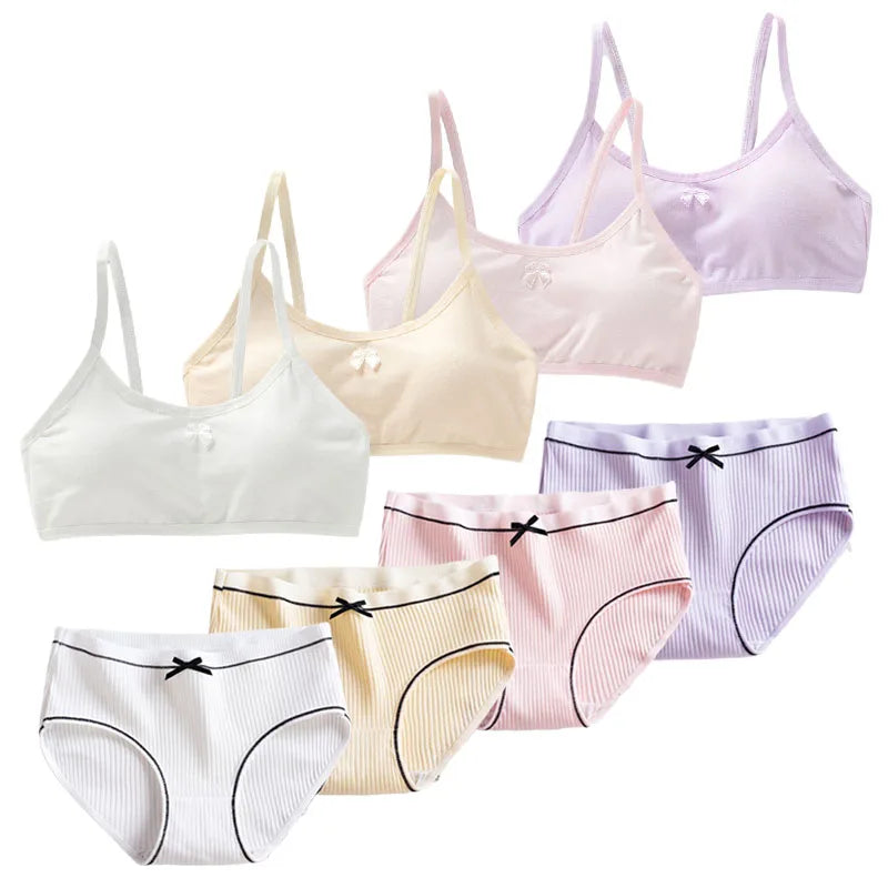 1/4 Sets Wireless Girl's Sports Bra Underwear Sets Cotton Breathable Sweat-Wicking Kids Brassiere and Girls Panties Lingerie Set