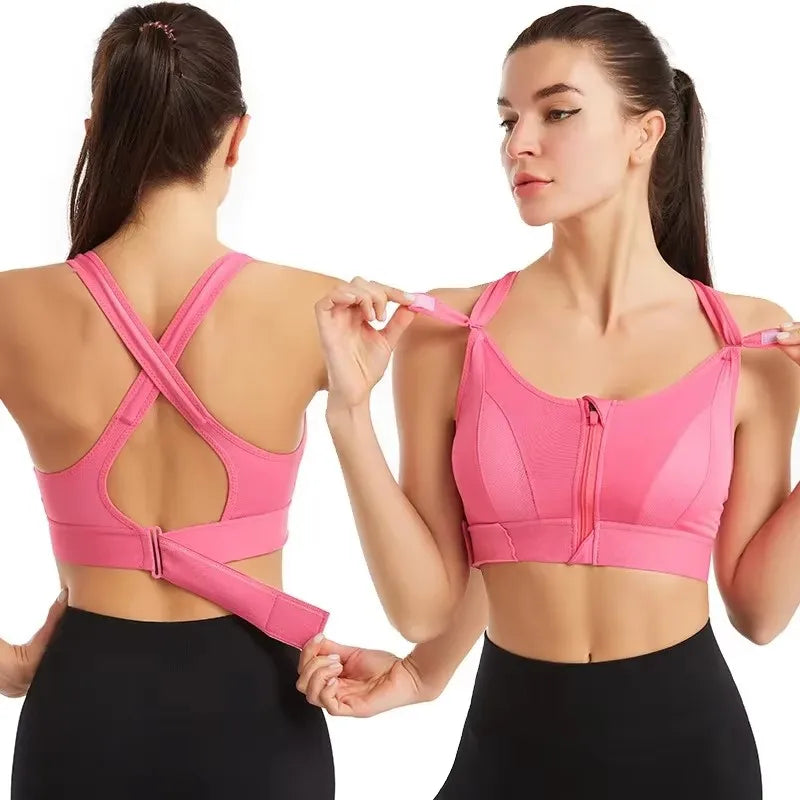Sports Bras For Women Front Zipper Adjustable Strap Shockproof Elastic Fitness Athletic Brassiere Slim Yoga Crop Top