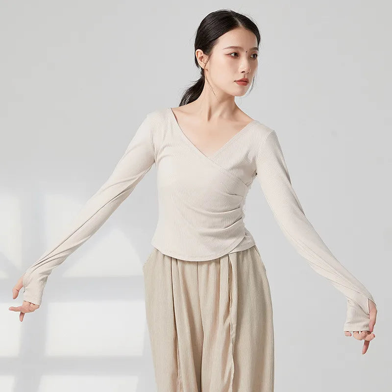 Adult Modern Dance Practice Clothes V Neck Finger Sleeve Autumn Winter Tops Women Slim Elegant Yoga Costume Performance Clothing