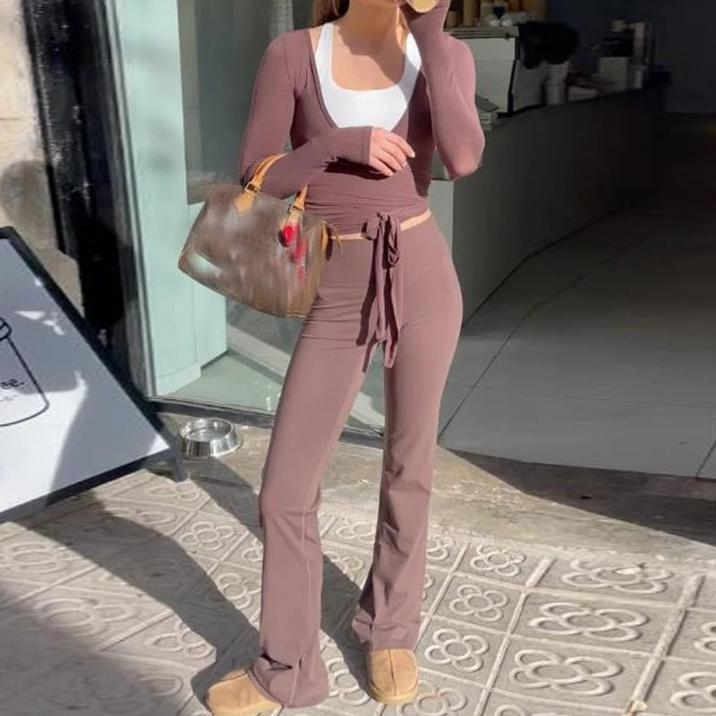 Yoga Workout Outfits Ladies Casual Slim Fit Bandage Crop Tops T-shirt + Fitness Legging Pants Women 2 Piece Sporty Matching Set