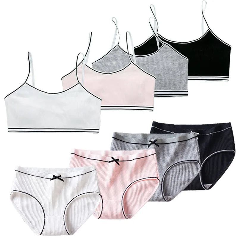 1/4 Sets Wireless Girl's Sports Bra Underwear Sets Cotton Breathable Sweat-Wicking Kids Brassiere and Girls Panties Lingerie Set