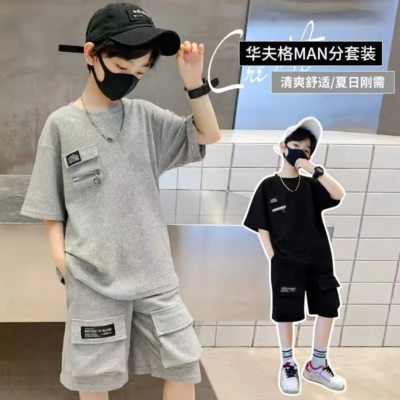 Boys Sport Clothing Sets Summer Big Kids Loose Casual Suit Teen Short Sleeve Tops+Shorts 2Pcs Children Fashion Handsome Outfits