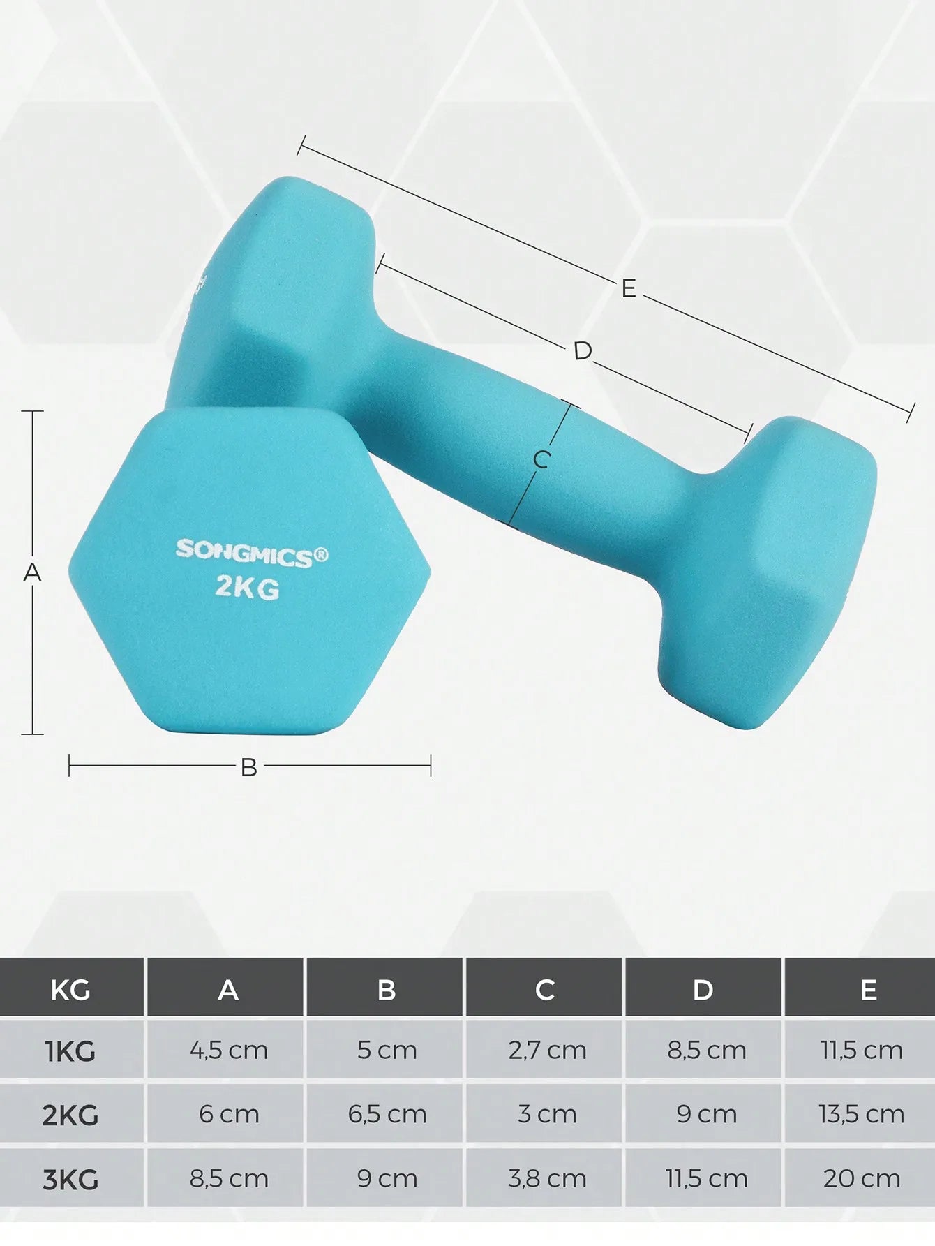 SONGMICS Dumbbell Set, dumbbells, Hexagon, with Dumbbell stand, 2x1 kg, 2x2 kg, 2x3 kg, lime green, aquamarine, Gray