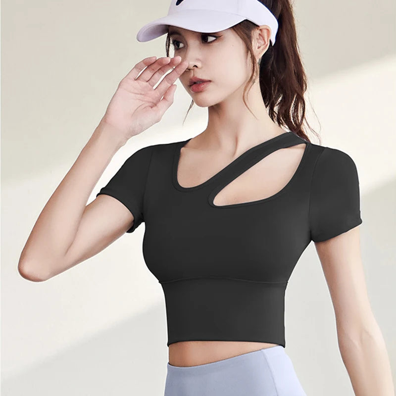 Yoga Shirts Women Diagonal Shoulder Hollow Out Sports Tees Short Sleeve T-Shirt With Padded Fitness Sportswear Workout Gym Tops