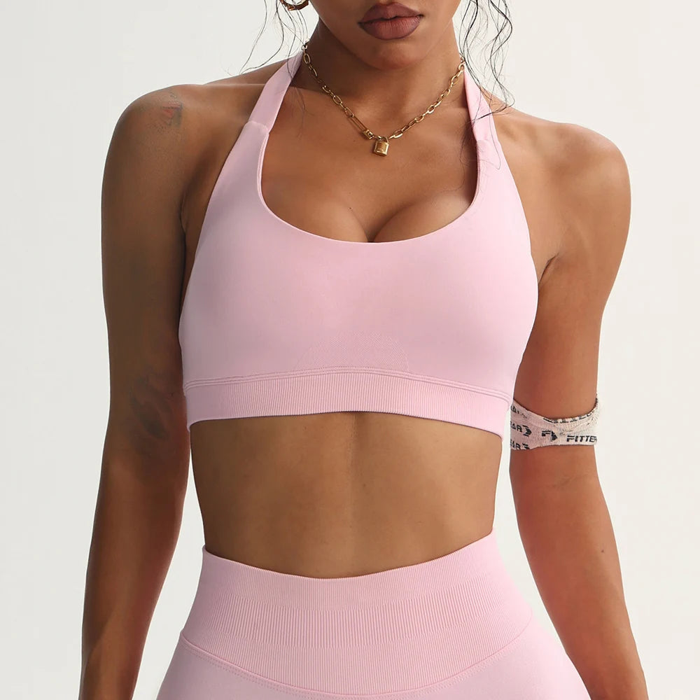 Seamless Halter Sports Bras Running Sexy Open Back Yoga Bra Padded Brassiere Sport Woman Fitness Gym Top Activewear