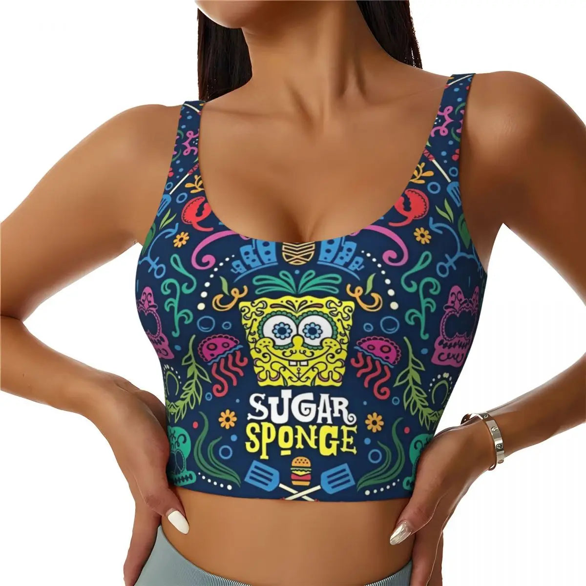 SpongeBobed Anime Cartoon Womens' Sports Bra Longline Wirefree Padded with Medium Support Yoga Sport Bras With Removable Cups