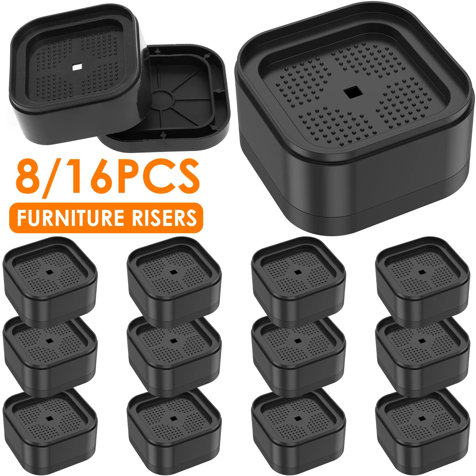 8/16Pcs Furniture Risers Plastic Stackable Bed Raising Blocks with Nonslip Bottom Stable Desk Leg Riser for Sofa Washing Machine