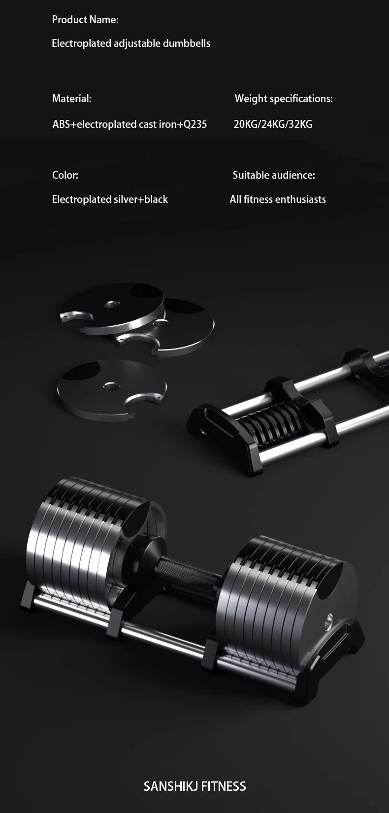 Electroplated Dumbbells, Professional Gym Fitness Dumbbells, Internal Rotation, 32kg Weight, Adjustable, 4kg Increase, 2024