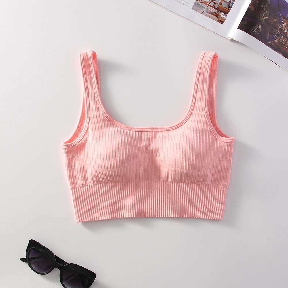 Ribbed Solid Sports Bra Medium Support Square Neck Seamless Knit Padded Push Up Fitness Bra Women's Activewear Summer Outerwear