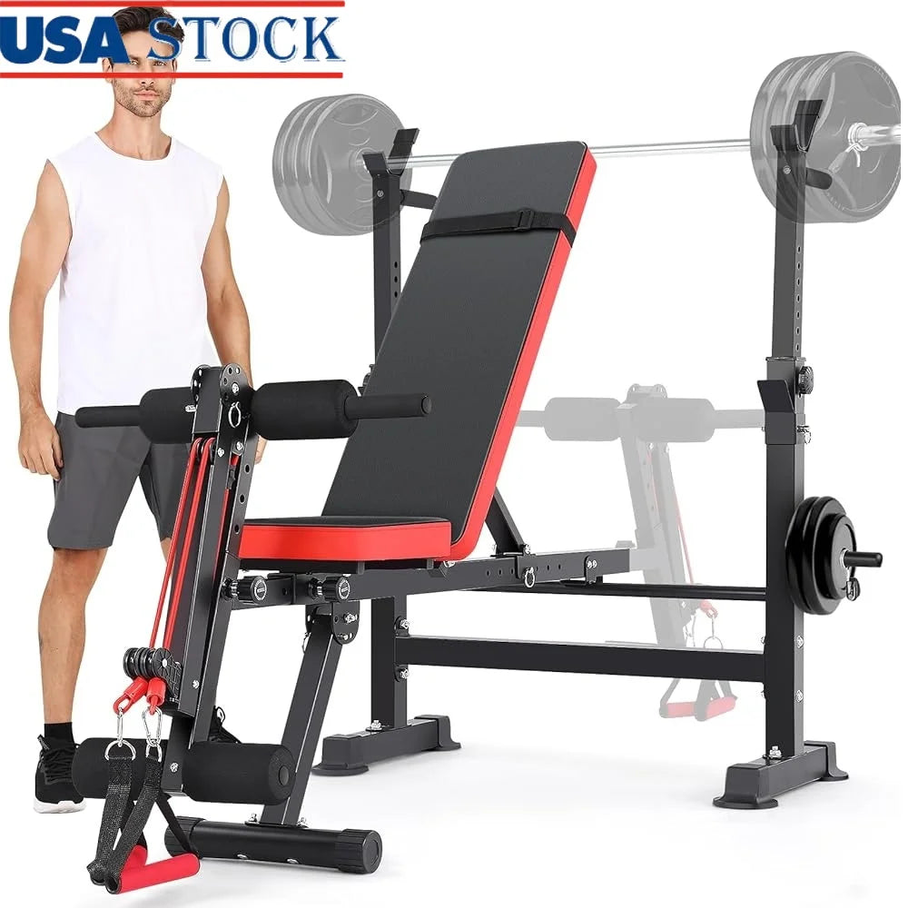 6 in 1 Adjustable Weight Bench with Squat Rack Folding Home Gym Bench Press Set Heavy Duty Multilevel Settings 600lbs Capacity