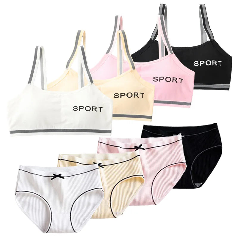 1/4 Sets Wireless Girl's Sports Bra Underwear Sets Cotton Breathable Sweat-Wicking Kids Brassiere and Girls Panties Lingerie Set