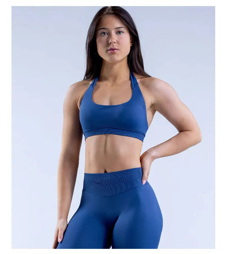 Sports Bra Seamless Halter Neck Strap Bra Open Back Fitness Yoga Top Bras Support Women Workout Gym Crop Top