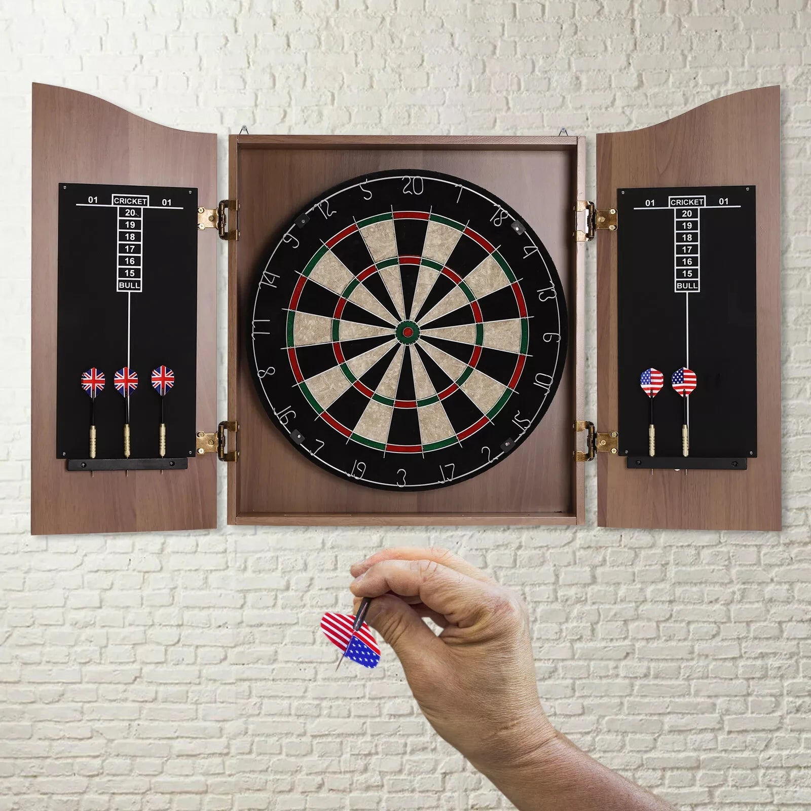 Brown Wall-Mounted Wooden Dartboard with Cabinet & Dart Set, Perfect for Adults