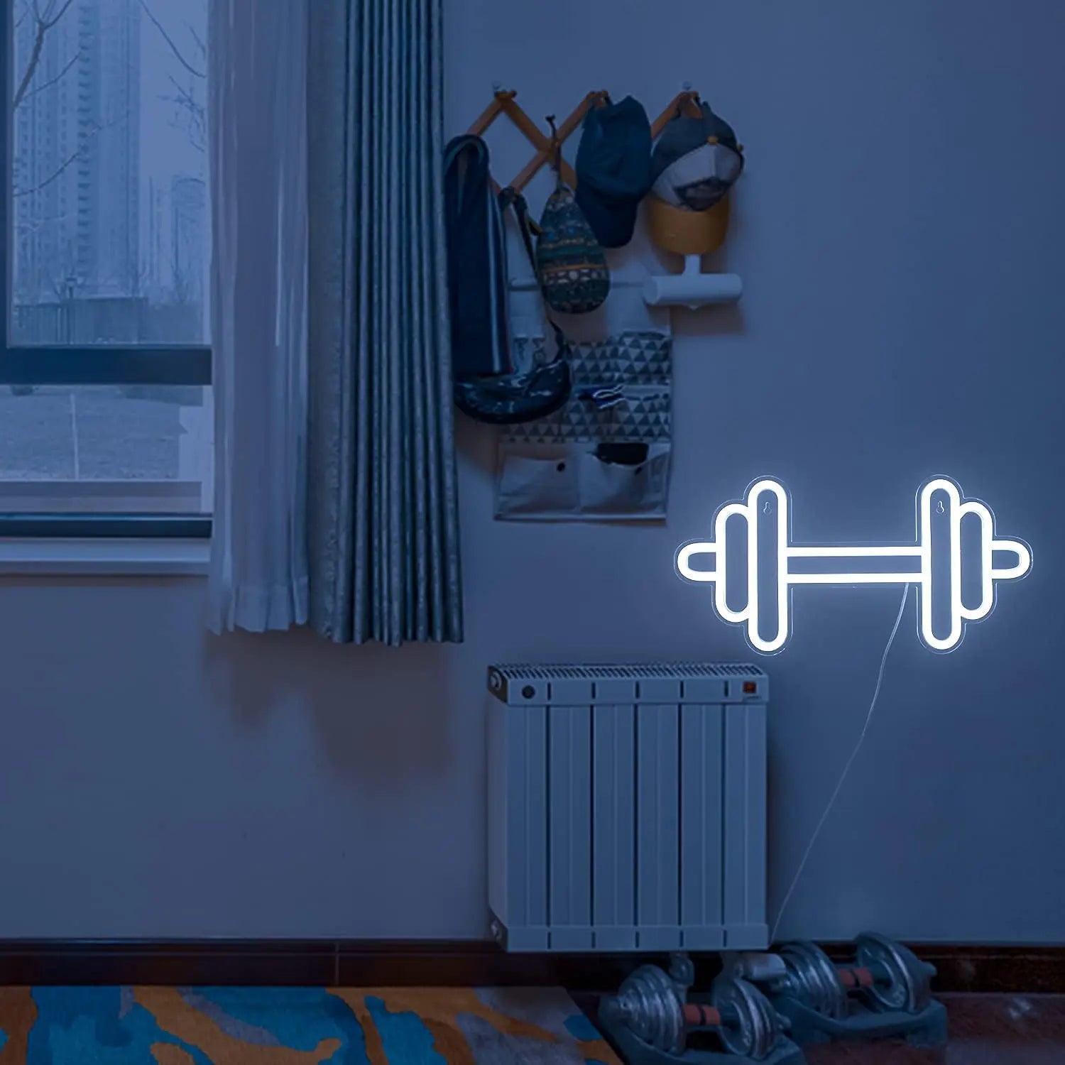 Gym Neon Sign White Barbell Dumbbell Shape Neon Sign USB Port Wall Neon Sign for Health Club Room Decoration and Game Room Decor