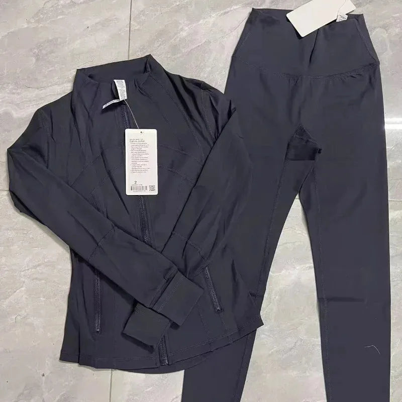 Yoga Suit Set Stand Collar Long Sleeve Jacket Plus Nine-point Pants Yoga Elastic Breathable Running Fitness Suit for Women