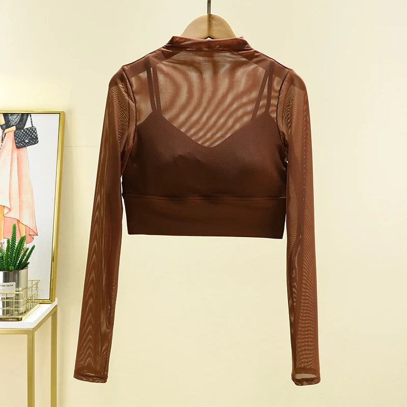 High End Yoga Clothing T-shirt with Chest Cushion and Mesh Sexy and Slimming Yoga Long Sleeved Top Fashion Sports Fitness Top