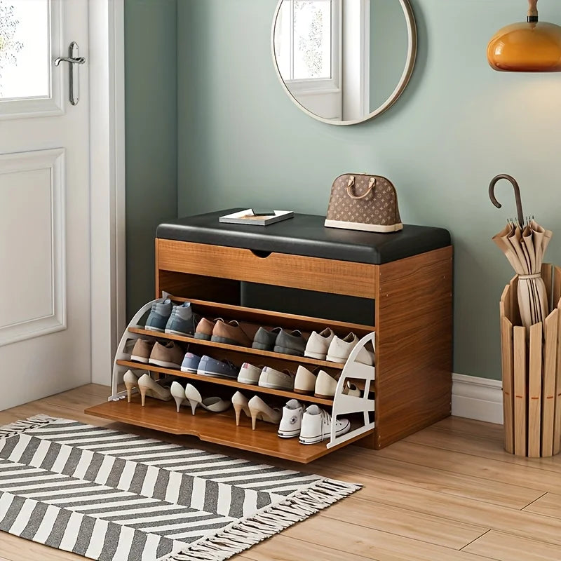 Wooden Shoe Bench with Storage | 3-Tier Shoe Rack, Cushioned Seat & Hidden Cabinet | Space-Saving Entryway Organizer for Home
