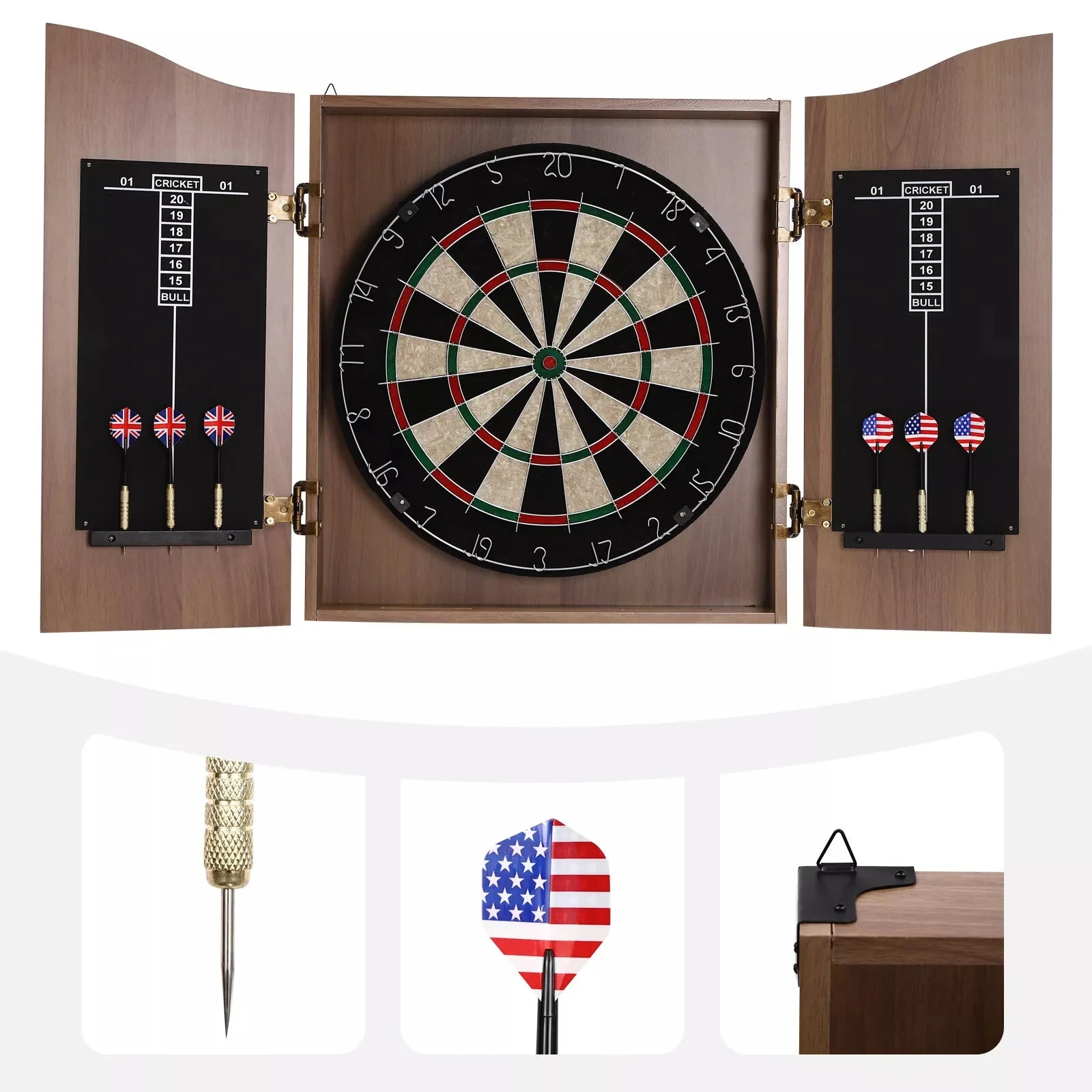 Brown Wall-Mounted Wooden Dartboard with Cabinet & Dart Set, Perfect for Adults
