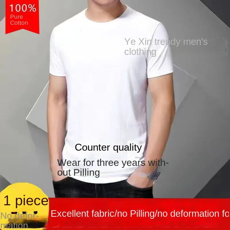 Fashionable Men's White 100% Cotton T-Shirt Golf Wear Men Short Sleeve Tee Solid Color O Neck Casual Summer Undershirt Tee Top