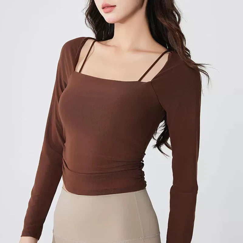 Women's sports yoga suit, mesh fake two-piece yoga sports top fitness suit