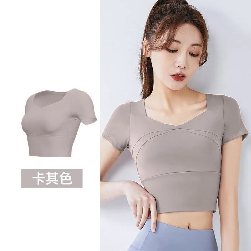 Fashion Yoga Clothing Short Yoga Top Stretch with Chest Pad Sports Tights Nude Yoga Short Sleeve