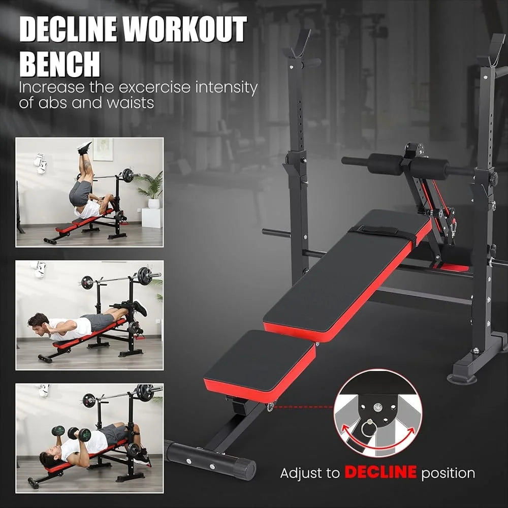 6 in 1 Adjustable Weight Bench with Squat Rack Folding Home Gym Bench Press Set Heavy Duty Multilevel Settings 600lbs Capacity