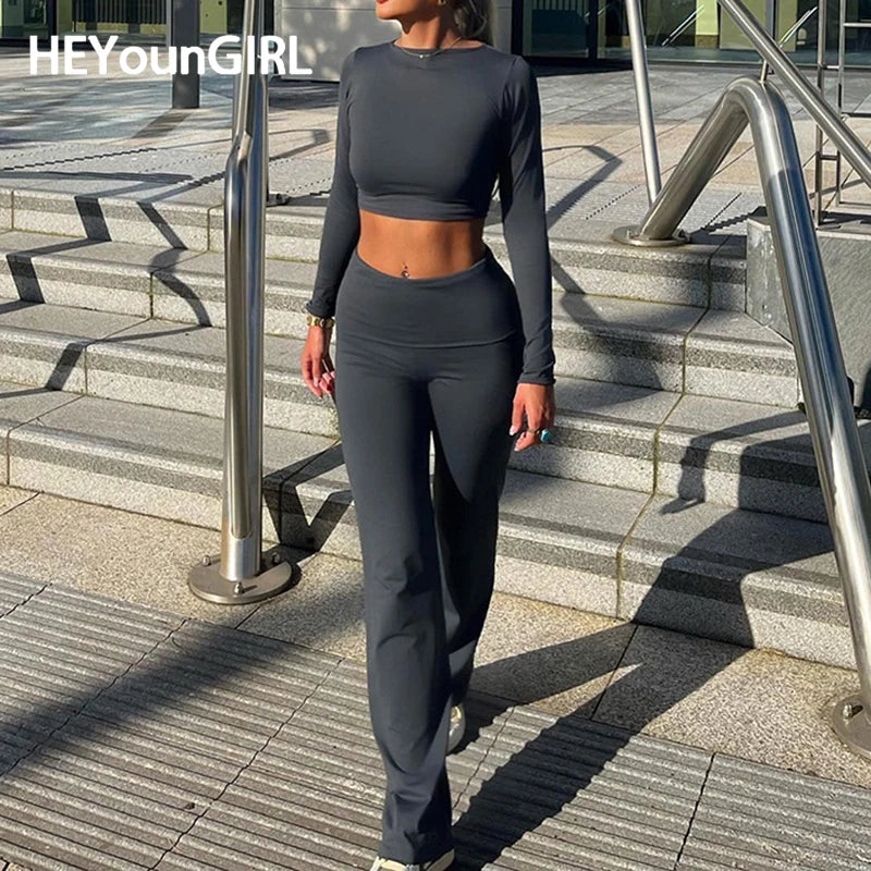HEYounGIRL Basic Casual Women Fitness Two Piece Set Long Sleeve Cropped Top and Low Waist Fitted Trousers Yoga Clothing Sporty