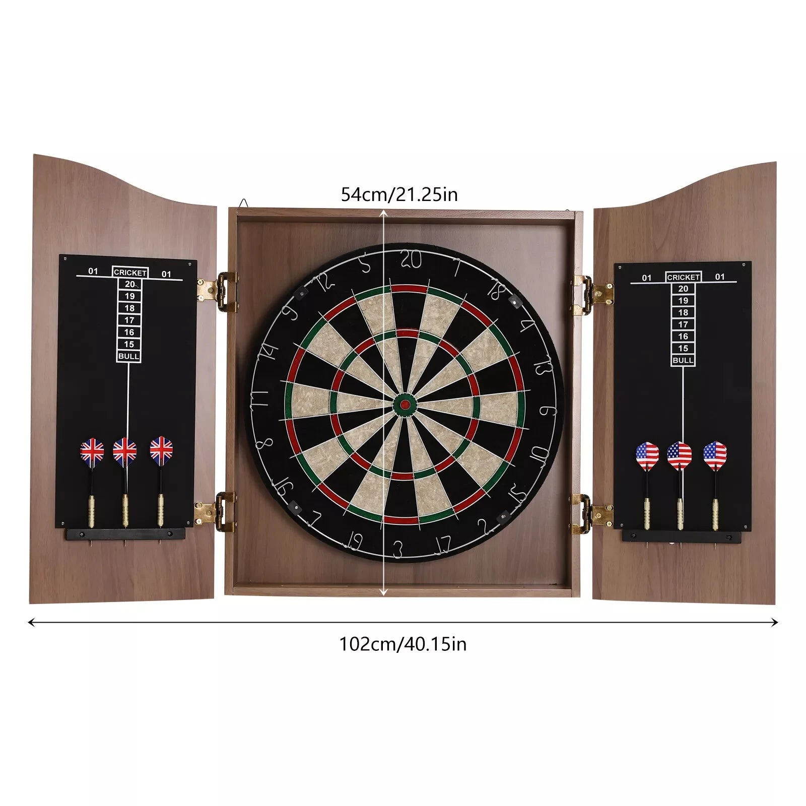 Brown Wall-Mounted Wooden Dartboard with Cabinet & Dart Set, Perfect for Adults