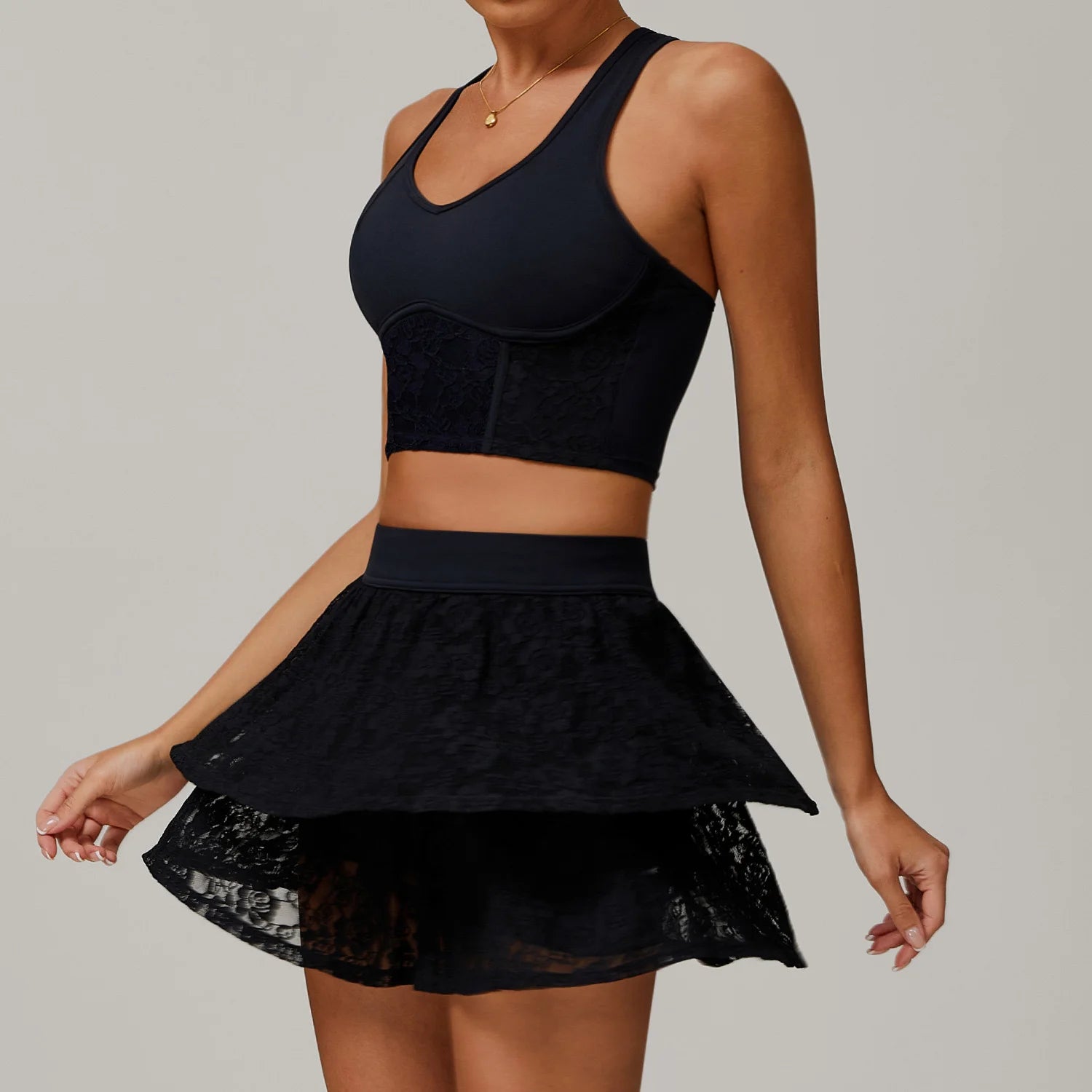 Yoga Set Workout Outfits Fitness Gym Tracksuit Lace nude yoga suit Mesh breathable running anti-slip tennis dress sports suit