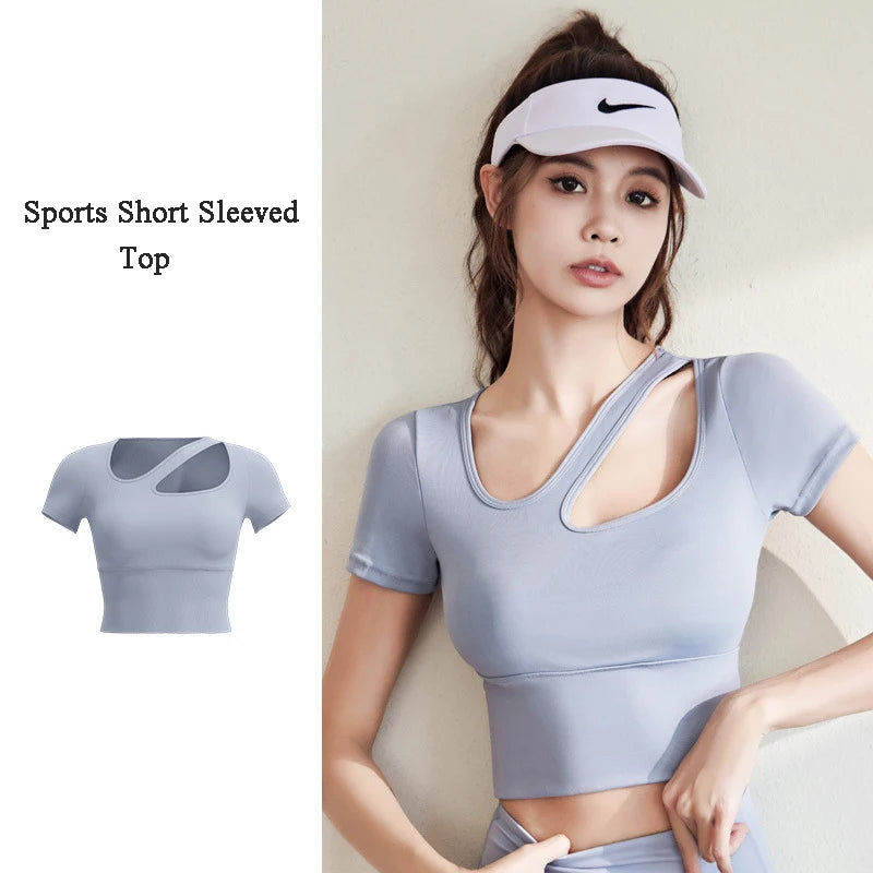 Yoga Shirts Women Diagonal Shoulder Hollow Out Sports Tees Short Sleeve T-Shirt With Padded Fitness Sportswear Workout Gym Tops